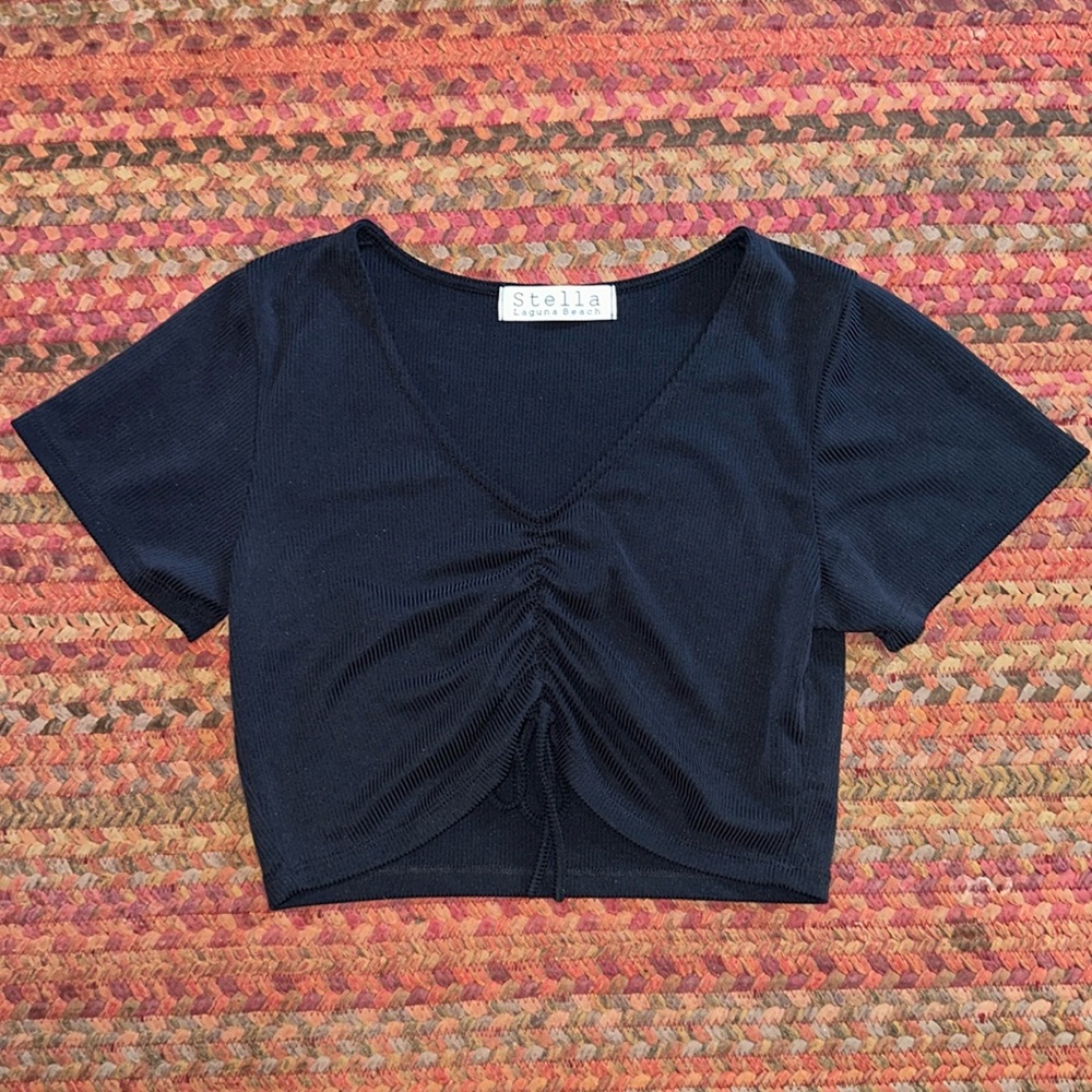 STELLA LAGUNA BEACH BLACK RIBBED MODAL RUCHED TEE